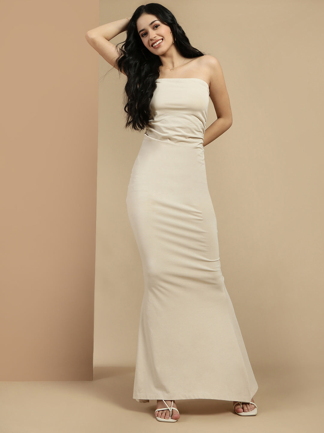 Women Beige Sleeveless Dress