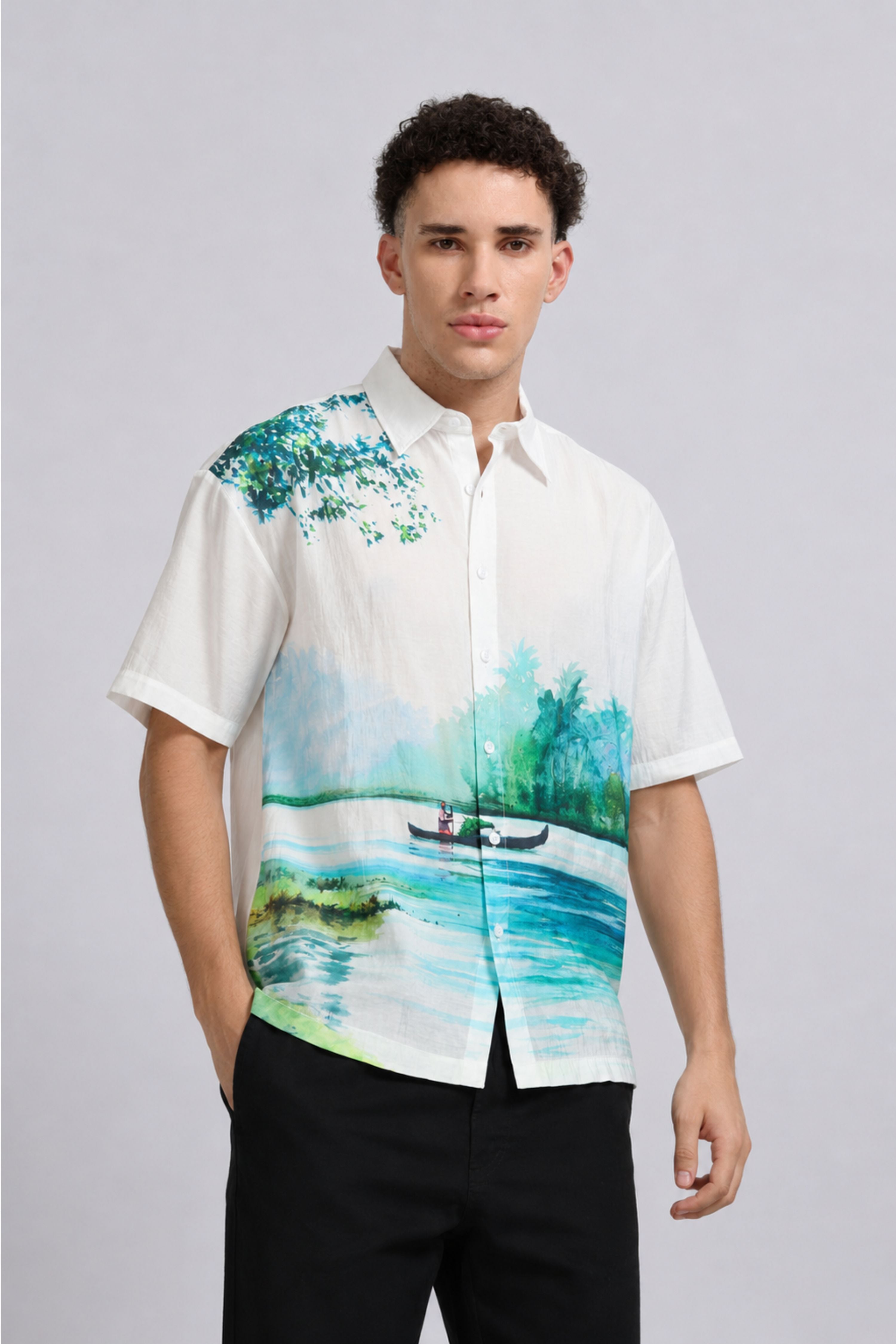 Men Green Oversized Print Shirt