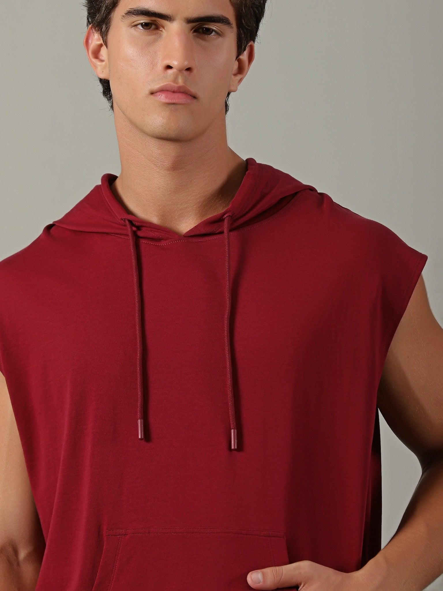 Men Burgundy Sleeveless Hoodie