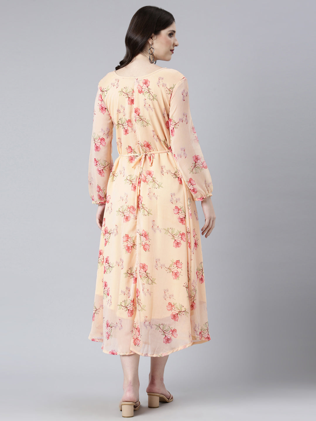 Women Peach Floral Chiffon Dress