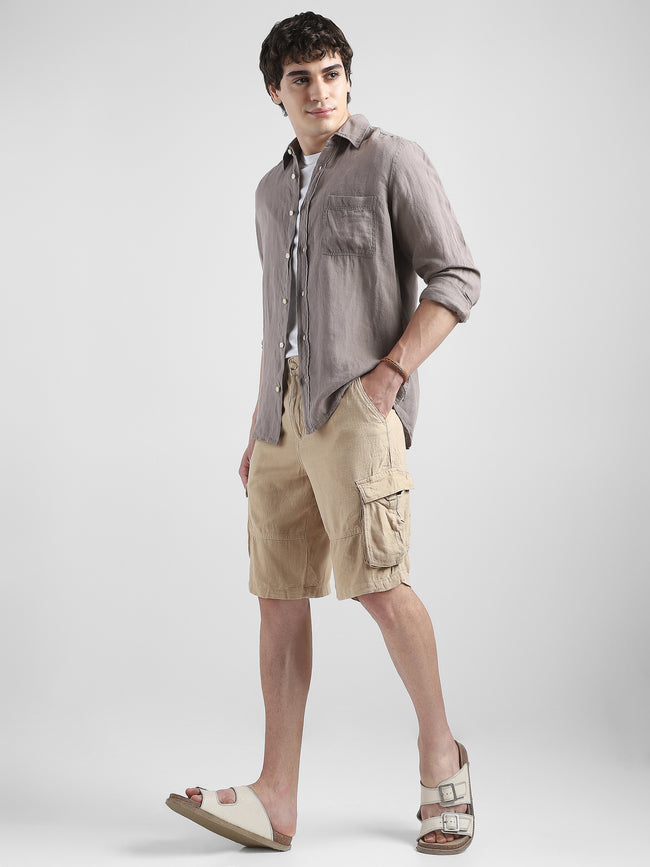Men 100% Linen Brown Regular Fit Shirt