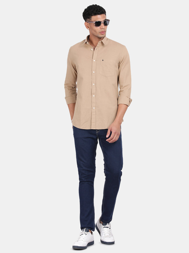 Men Khaki Slim Fit Spread Collar Full Sleeve Casual Shirt