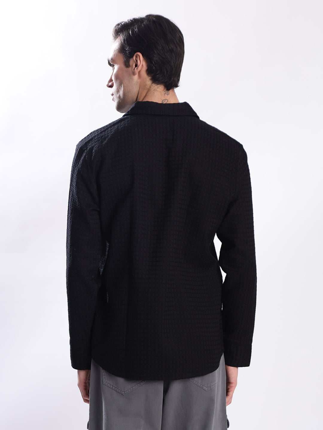 Men Black Textured Shirt with stylized Collar
