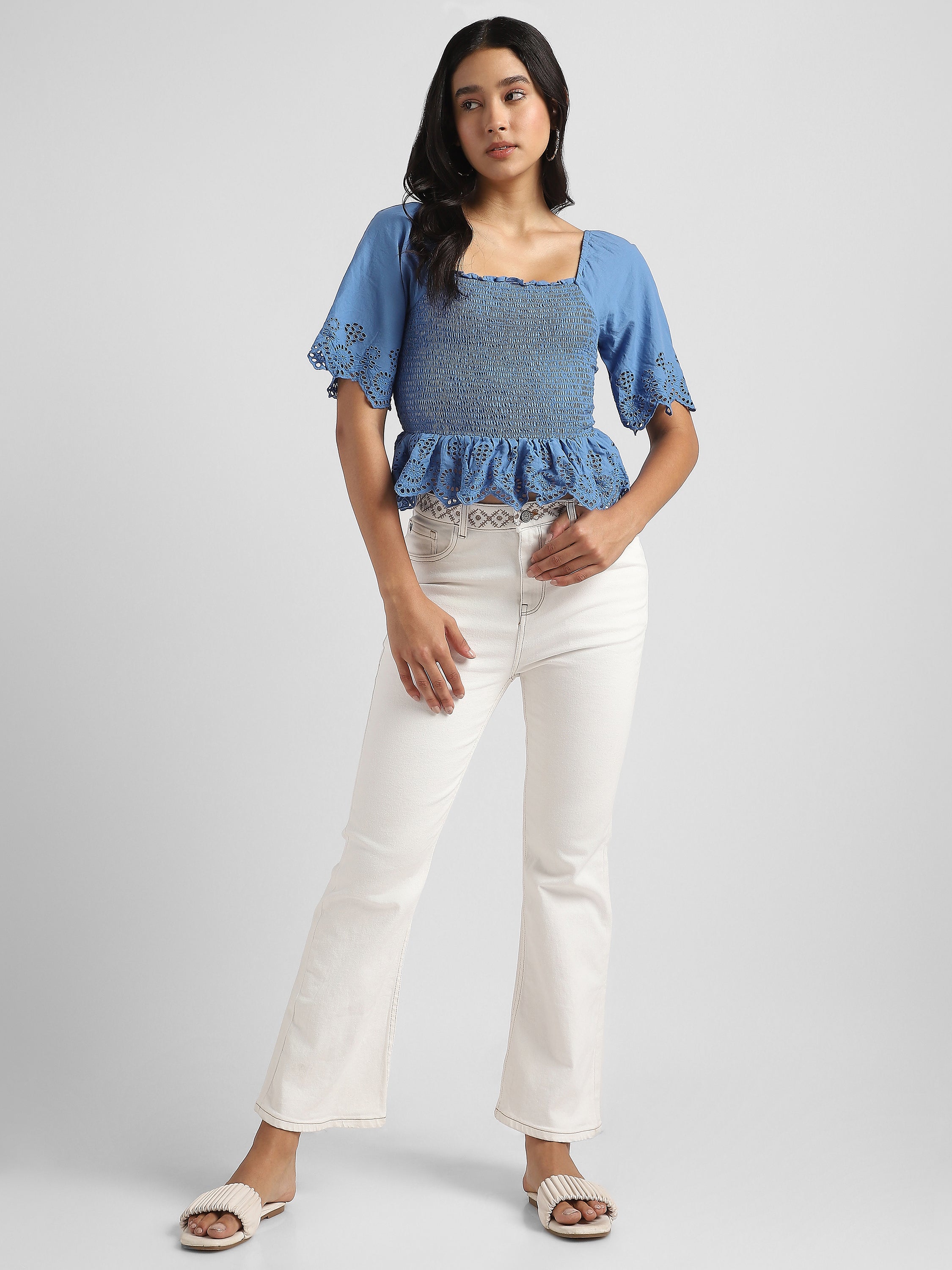 Women Blue Smocked Shiffli Crop Top