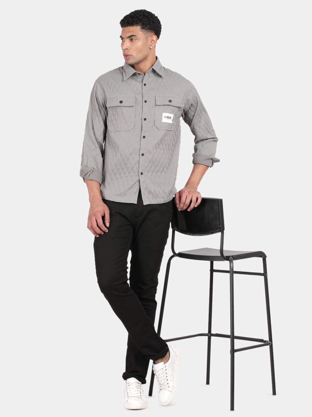 Men Grey Slim Fit Spread Collar Full Sleeve Casual Shirt