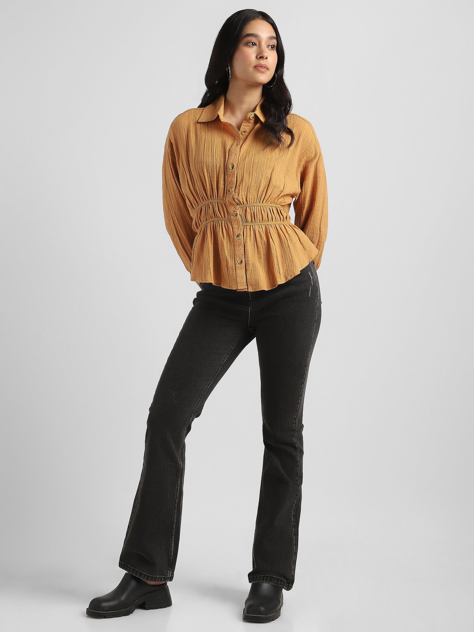 Women Mustard Shirt with Back Bottom Cut Out