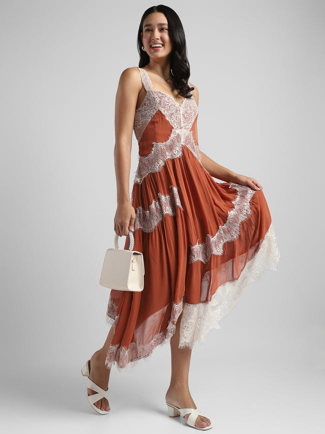 Women Brown high low hem dress with lace inserts