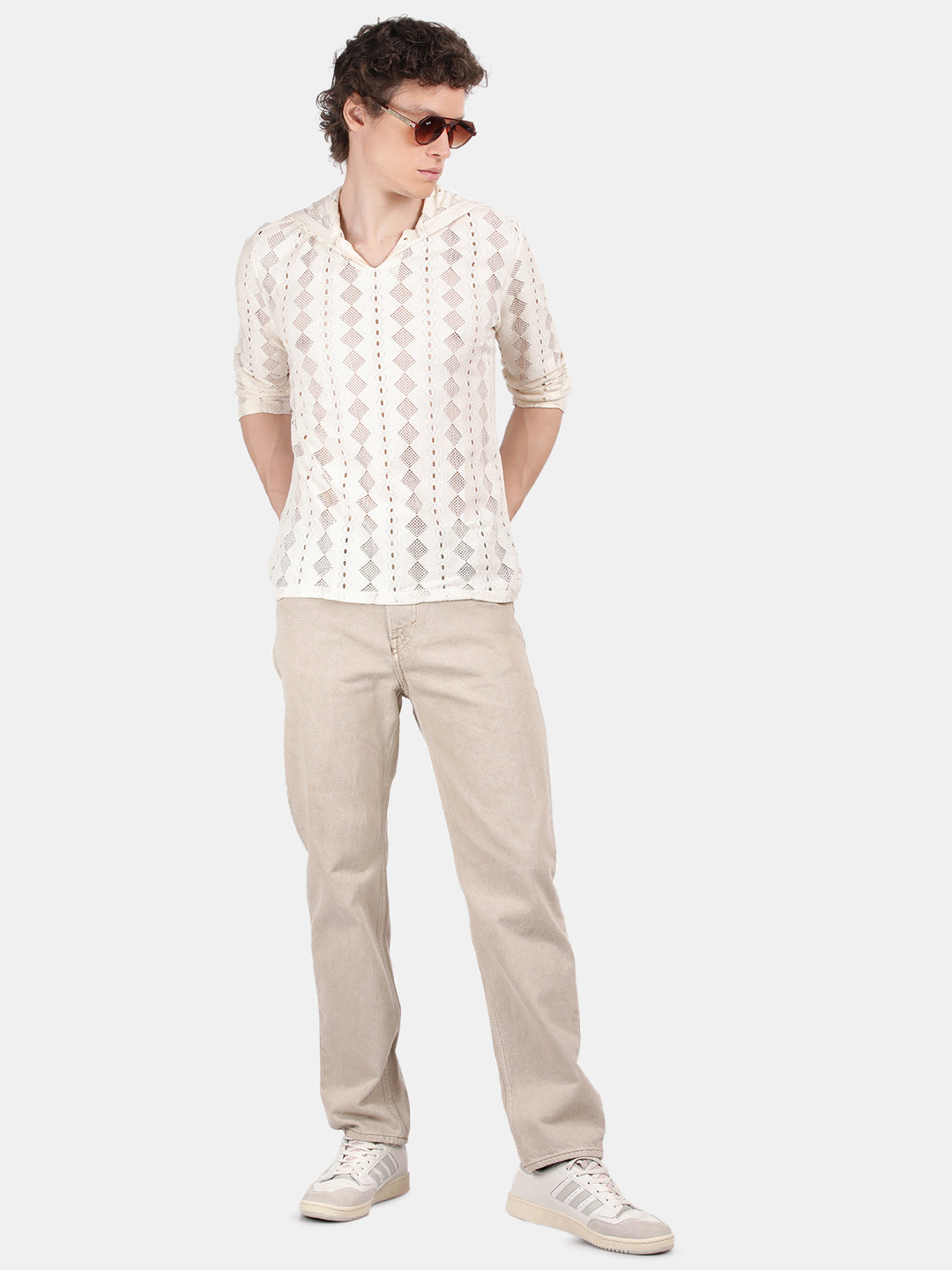 Men Cream Regular Fit Spread Collar Full Sleeve Hoodie