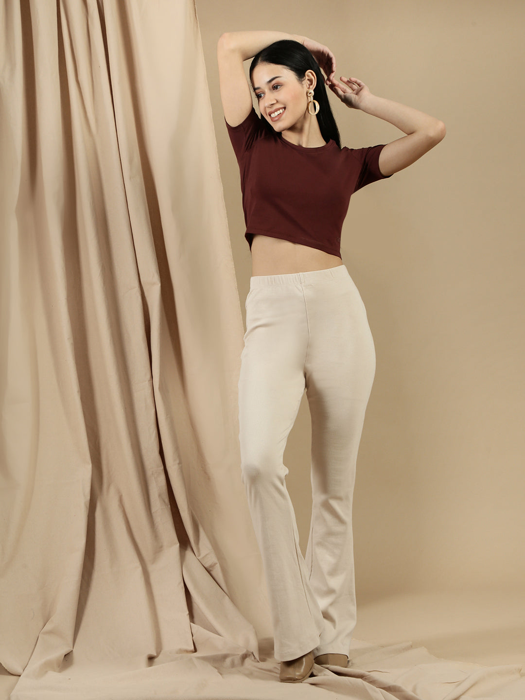 Women Beige Cotton Lycra Pant