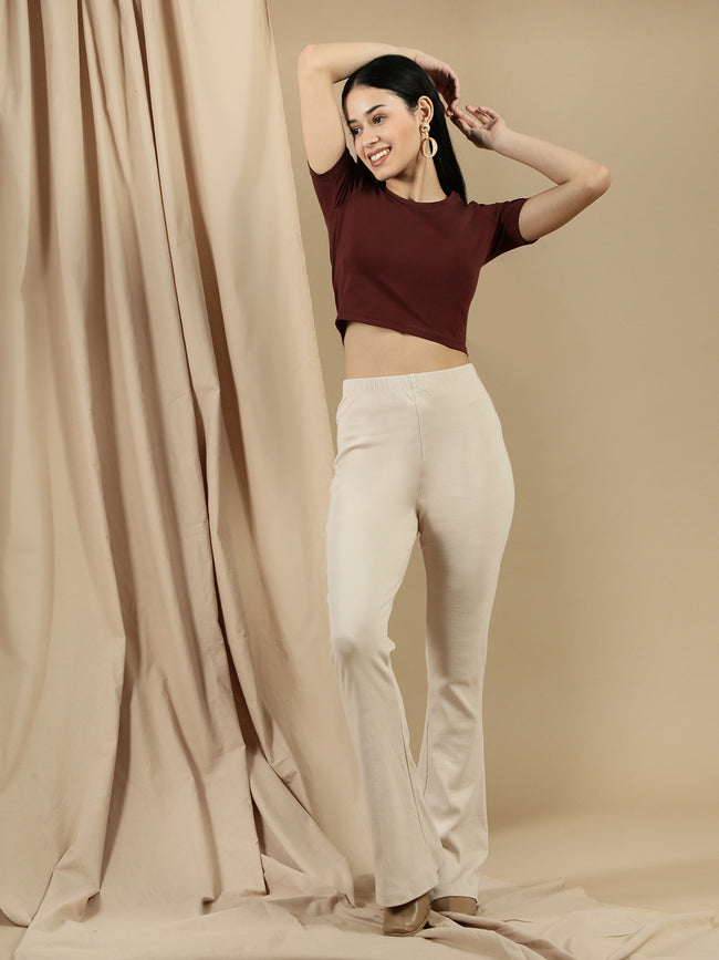 Women Beige Cotton Lycra Pant