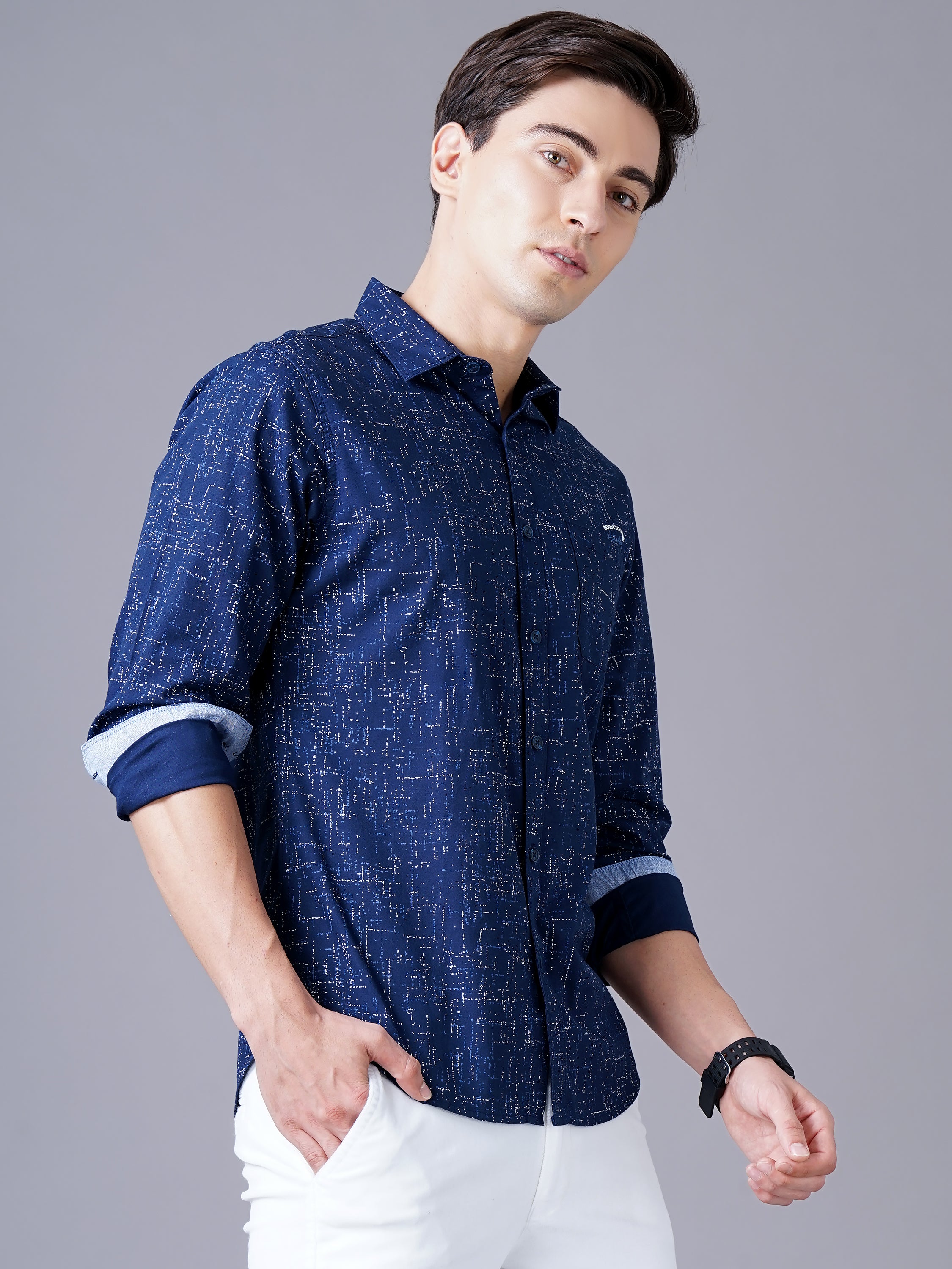 Men Blue Cotton Slim Shirt