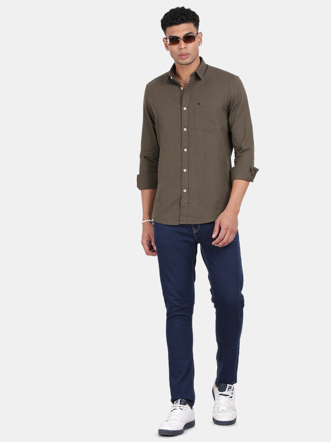 Men Green Slim Fit Spread Collar Full Sleeve Casual Shirt