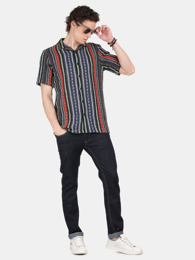 Men Navy Slim Fit Spread Collar Half Sleeve Casual Shirt