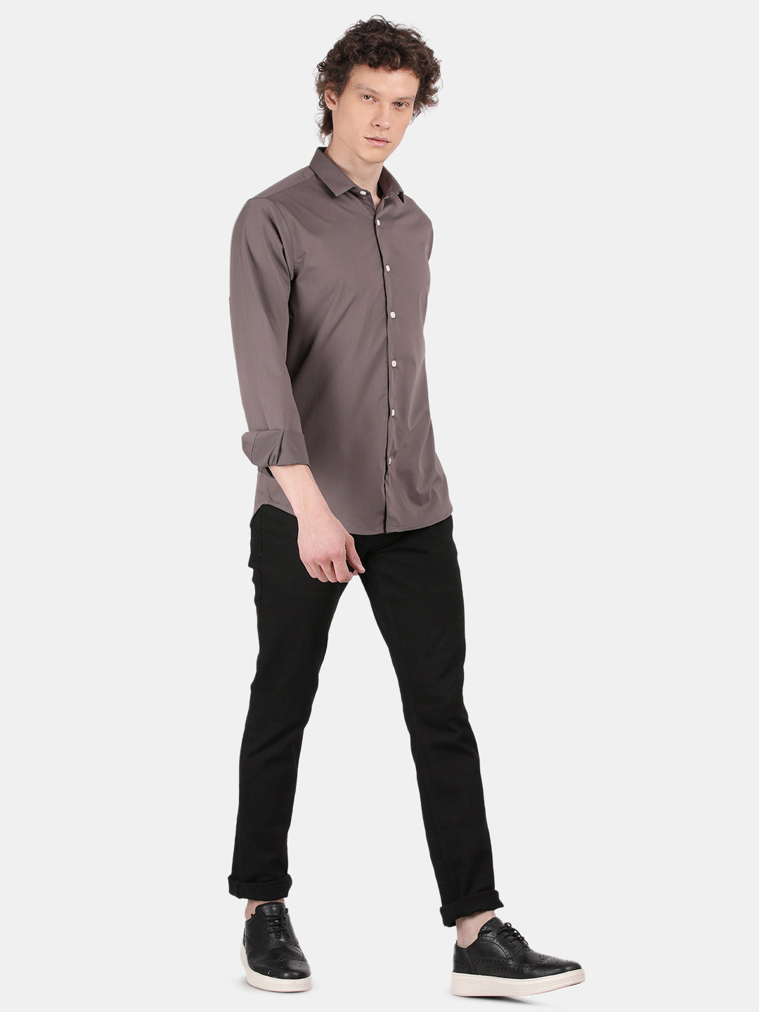 Men Grey Slim Fit Spread Collar Full Sleeve Casual Shirt