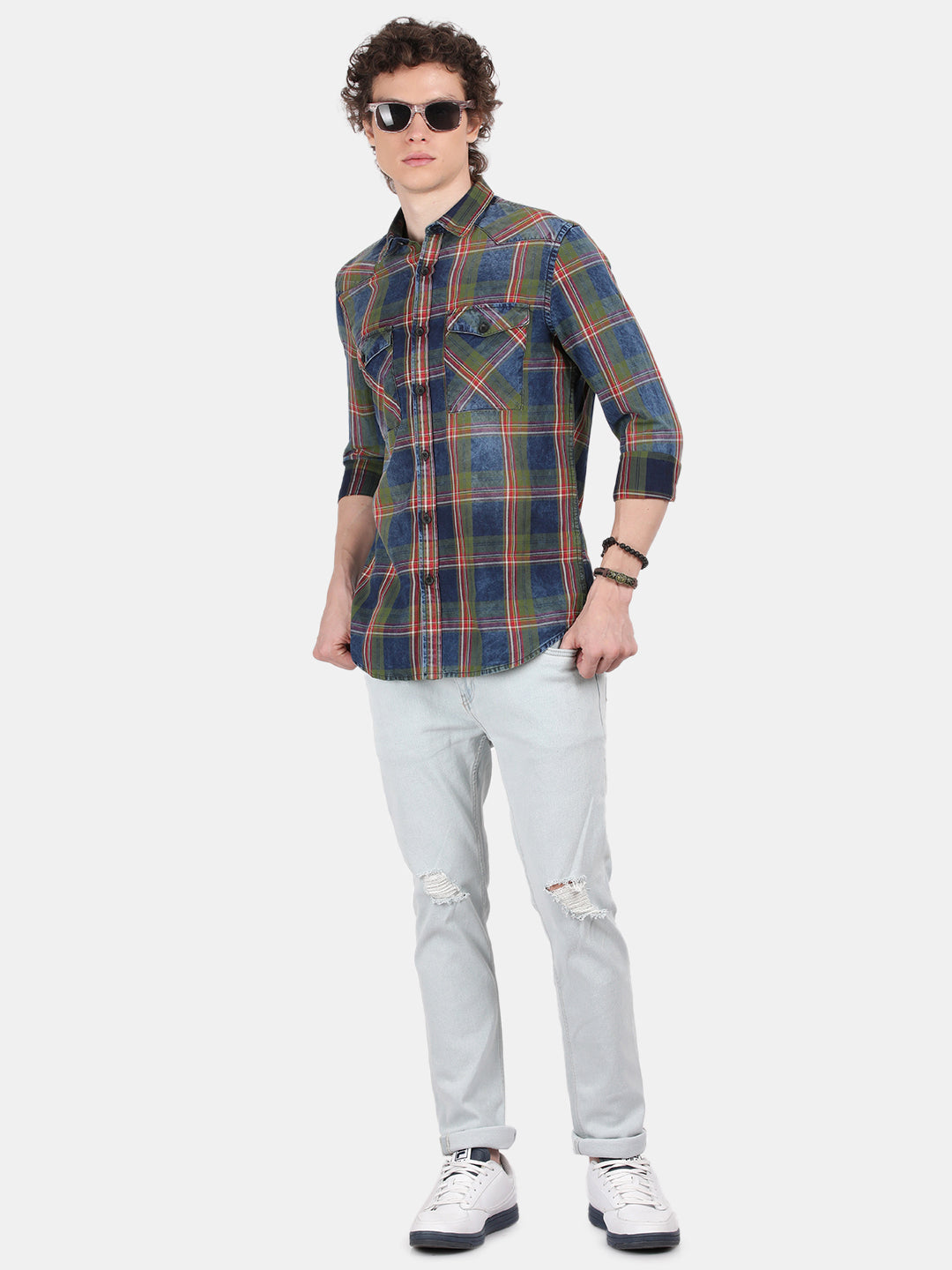 Men Blue Slim Fit Spread Collar Full Sleeve Casual Shirt