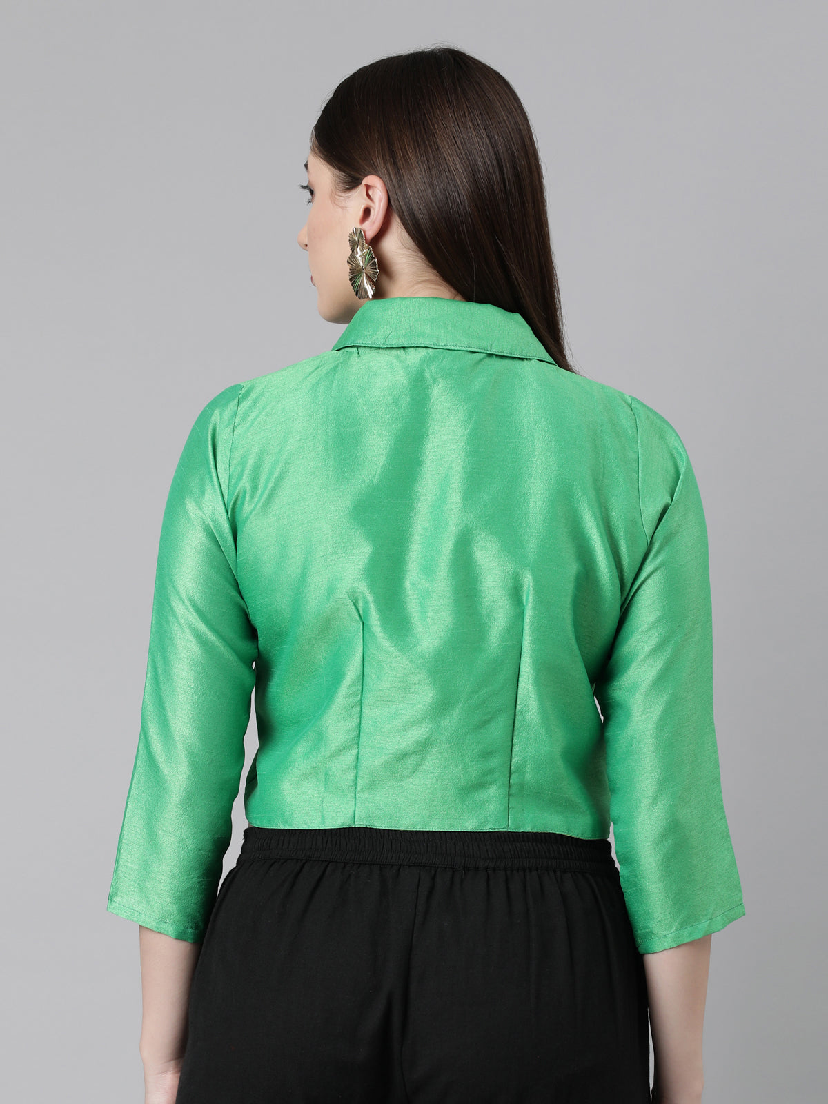 Green Solid Three-Quarter Sleeves Mandarin Collar Dupion Silk Knot Blouse