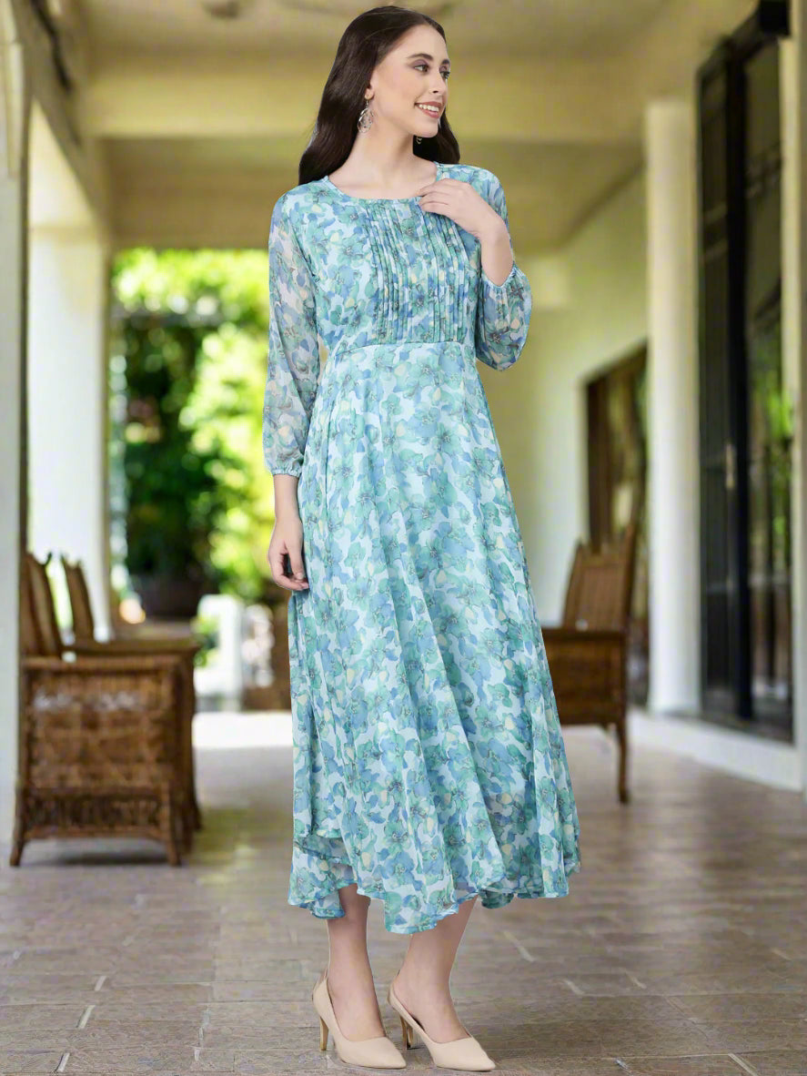 Women Blue Floral Chiffon Maxi Dress