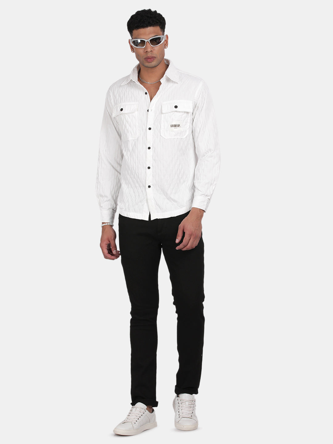 Men White Slim Fit Spread Collar Full Sleeve Casual Shirt