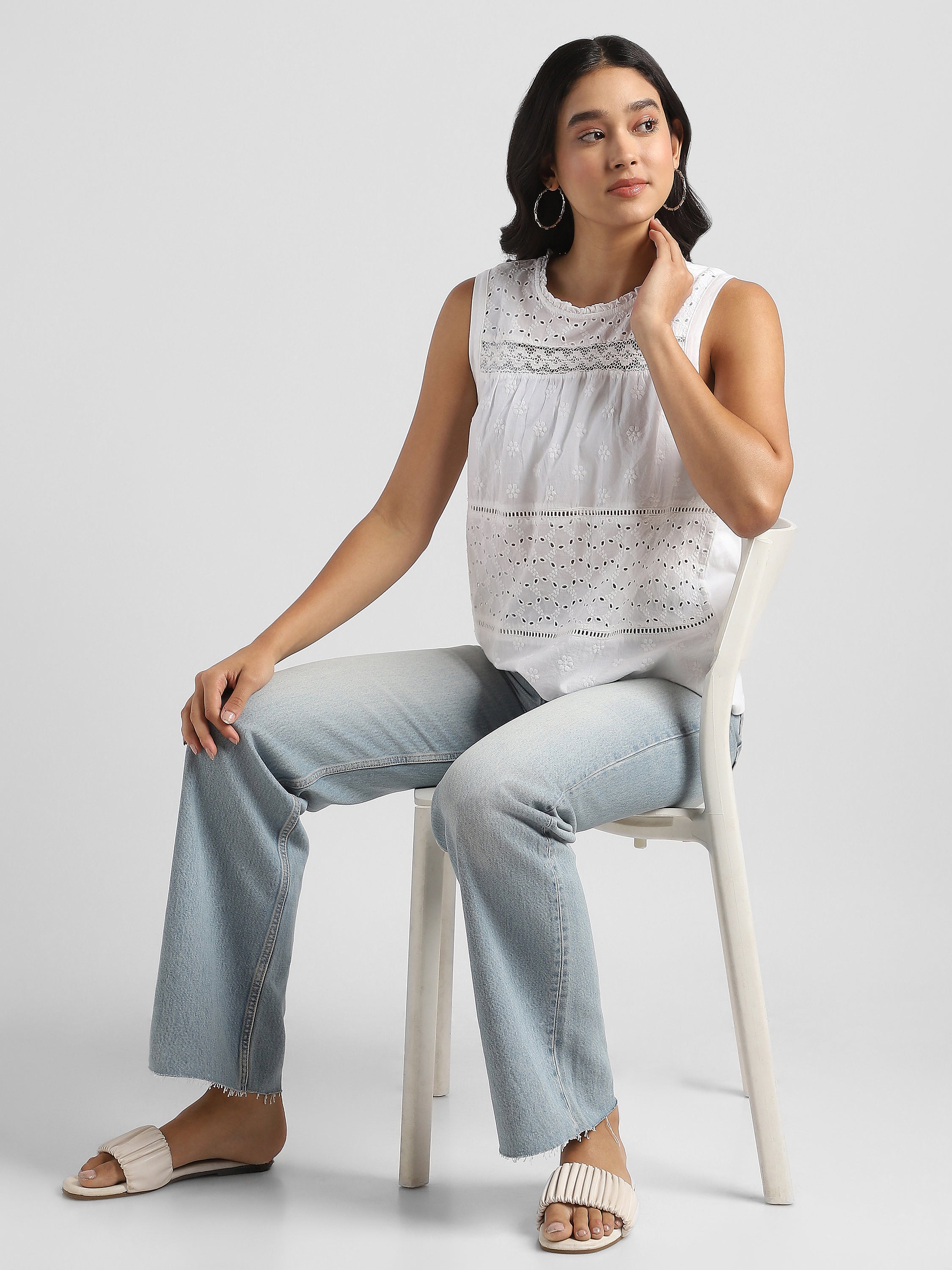 Women Cotton White Shiffli Embroidered Top