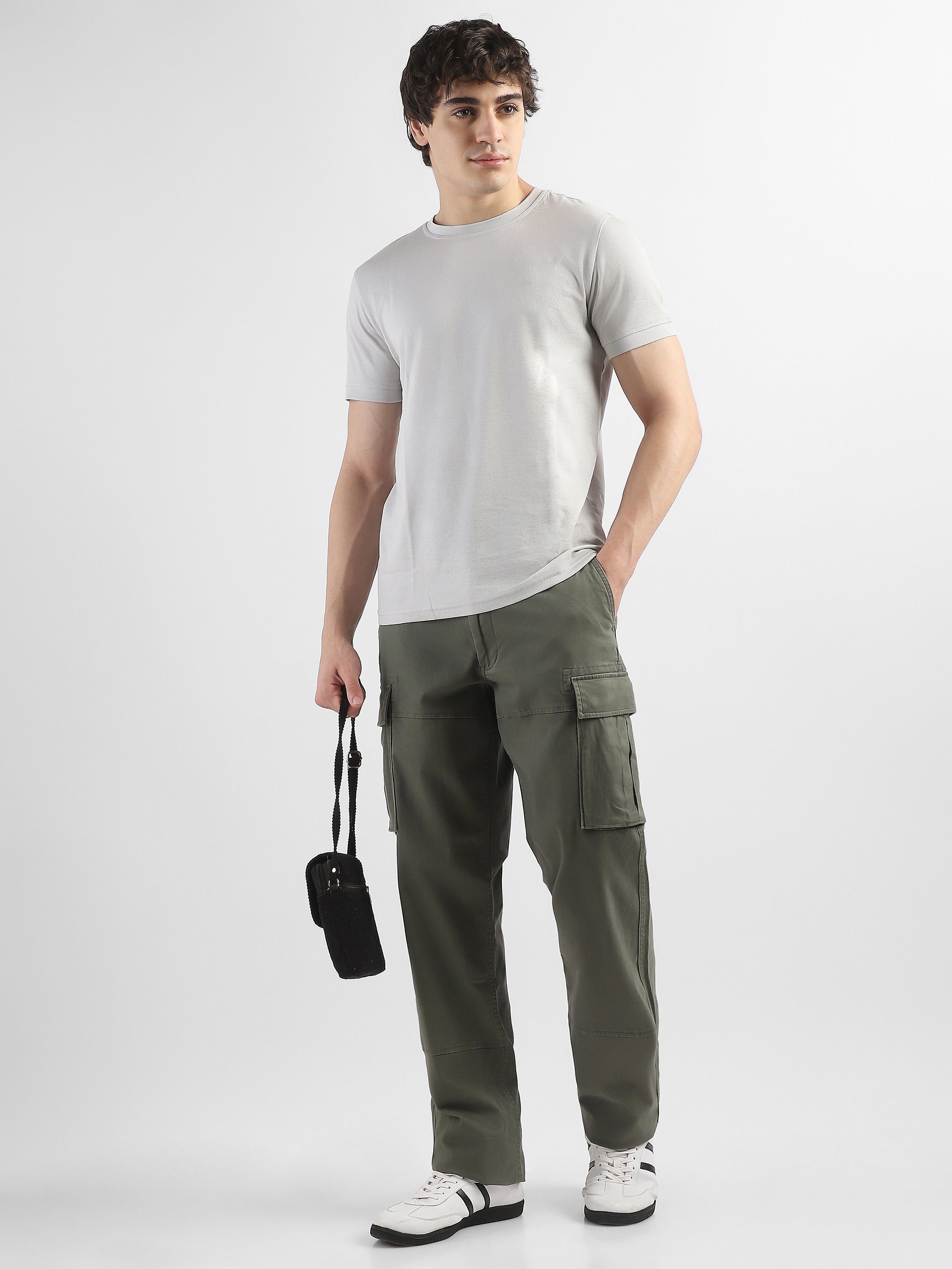 Men Olive Cotton Mid Rise Cargo Pants