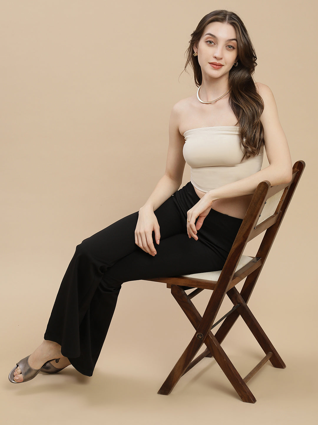 Women Beige Ruched Tube Top