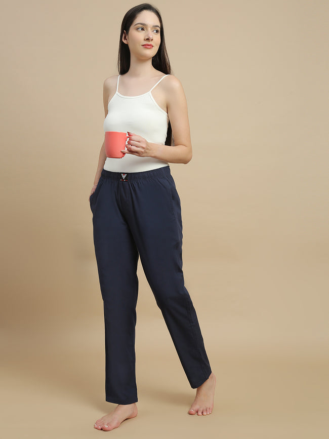 Women Navy Solid Cotton Pyjamas