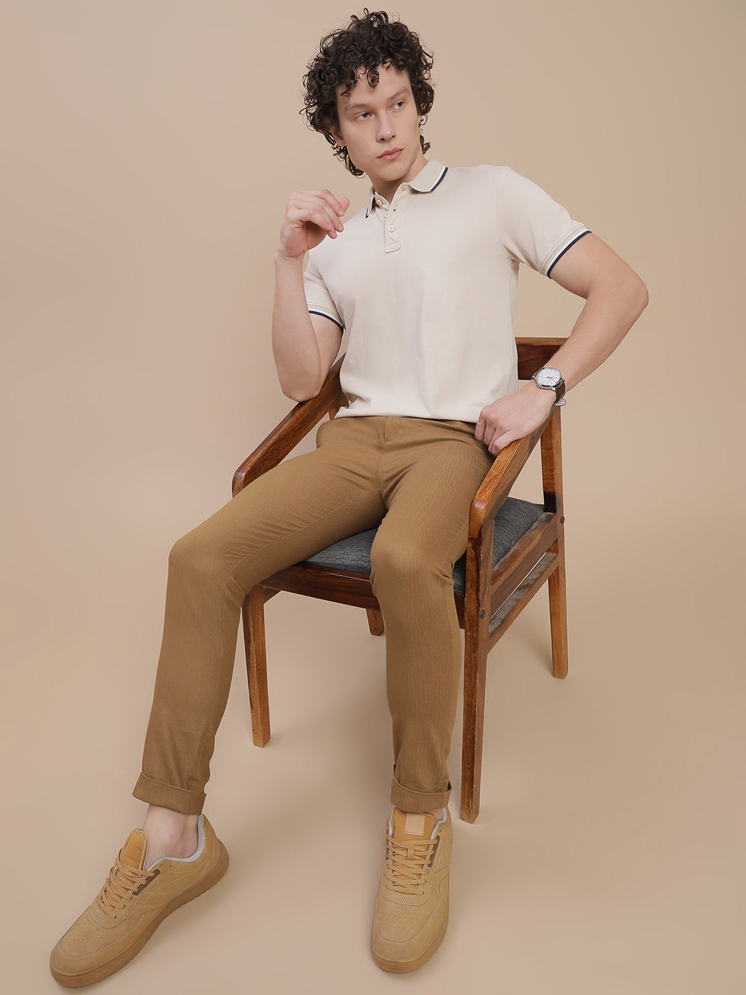 Men Beige Basic Polo T-Shirt