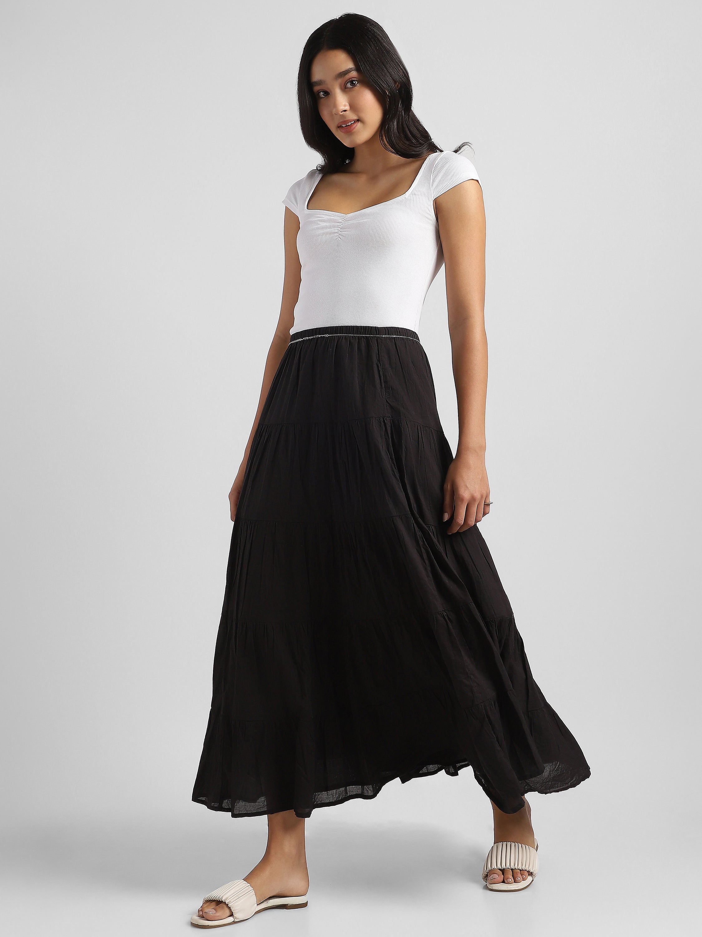 Women Black Flared Tier Maxi Skirt
