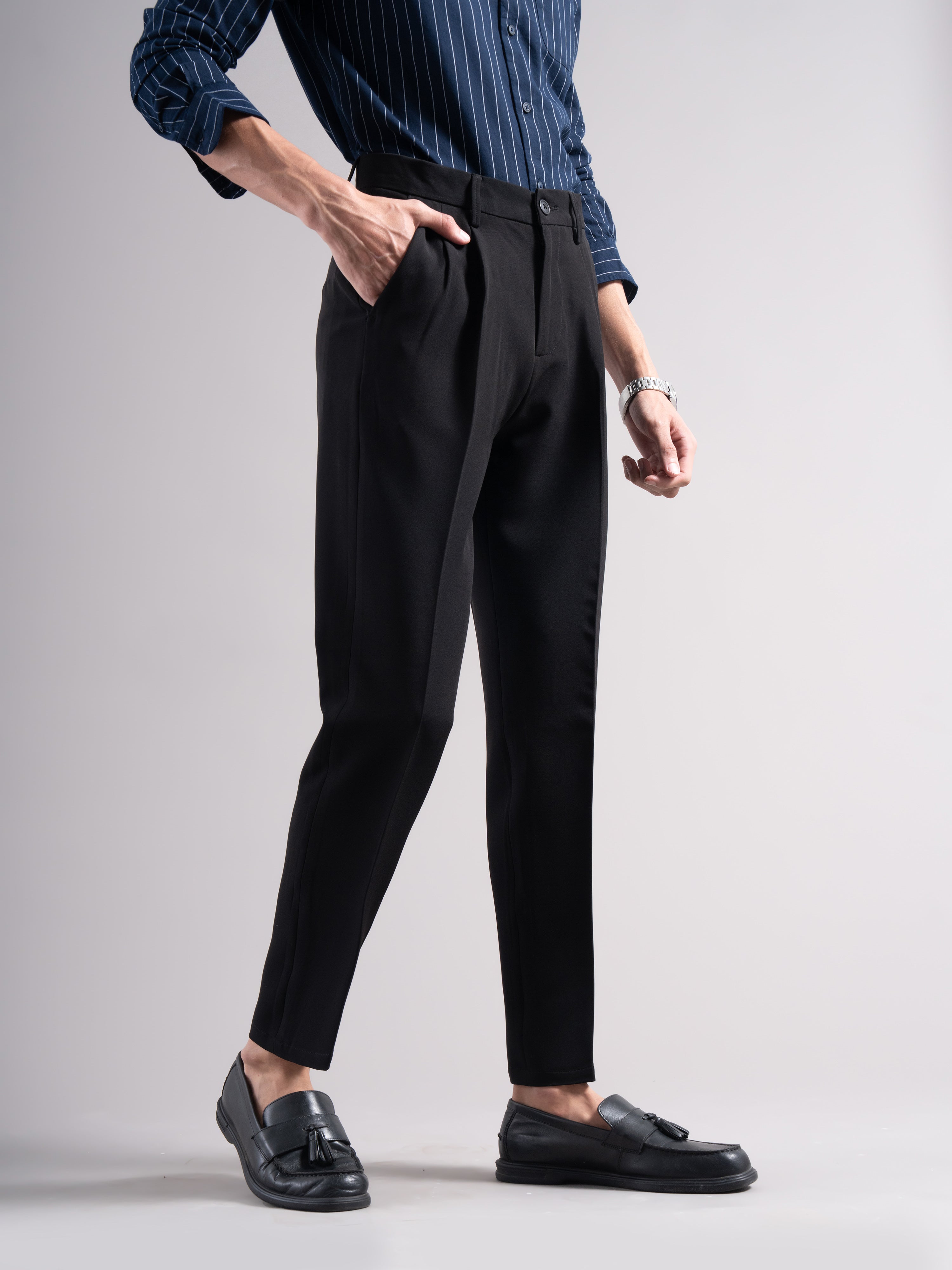 Men Black Pleated Chinos Trousers