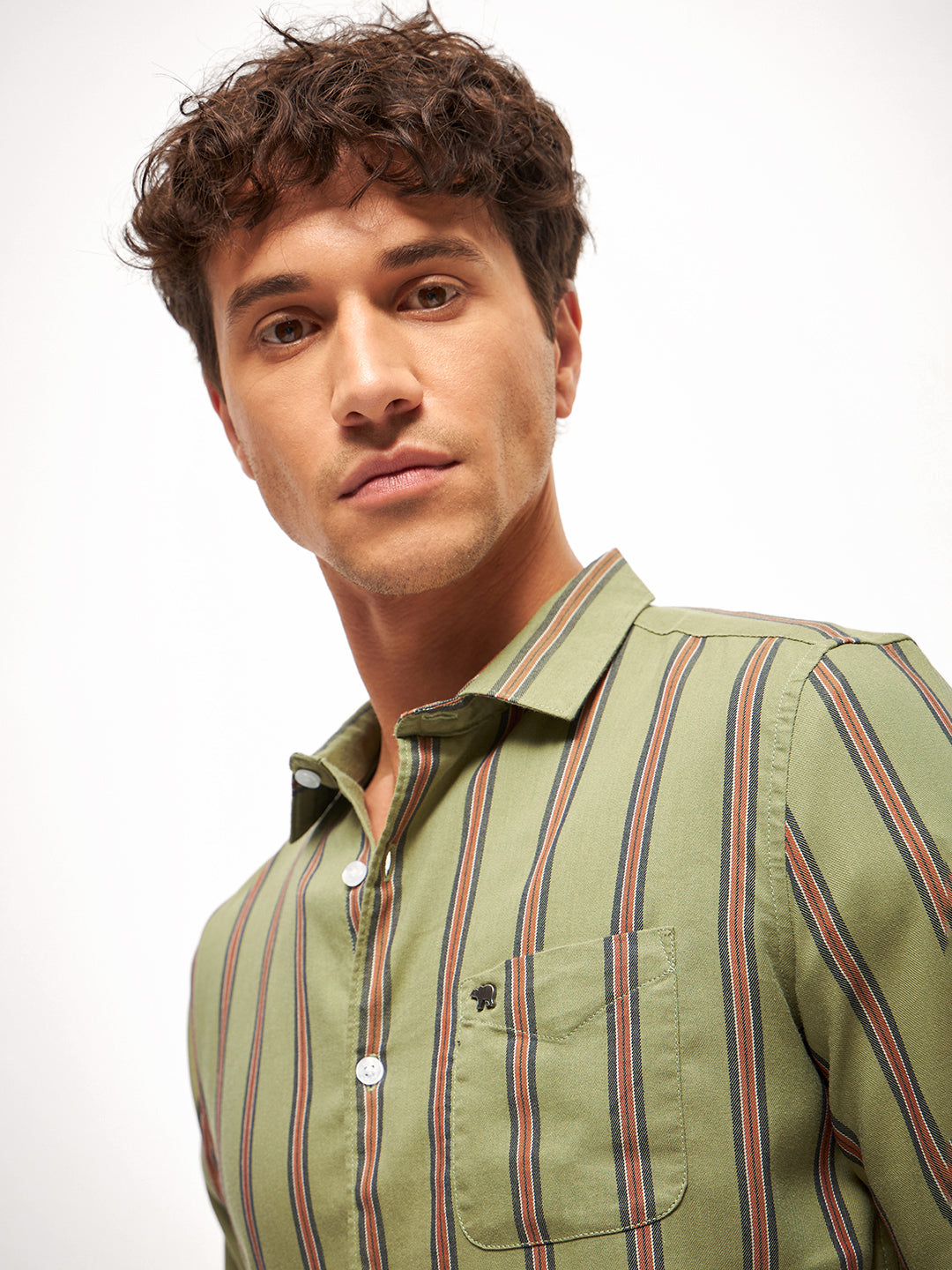 Men Olive Stripe Slim Fit Casual Shirt