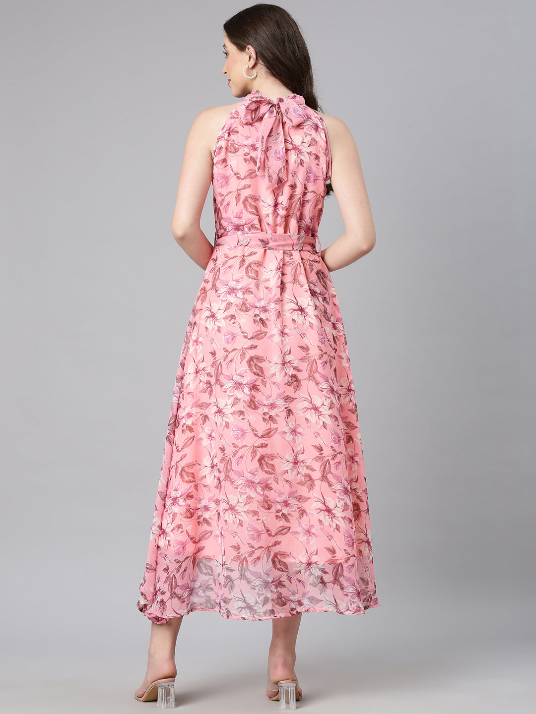 Women Peach Floral Chiffon Dress