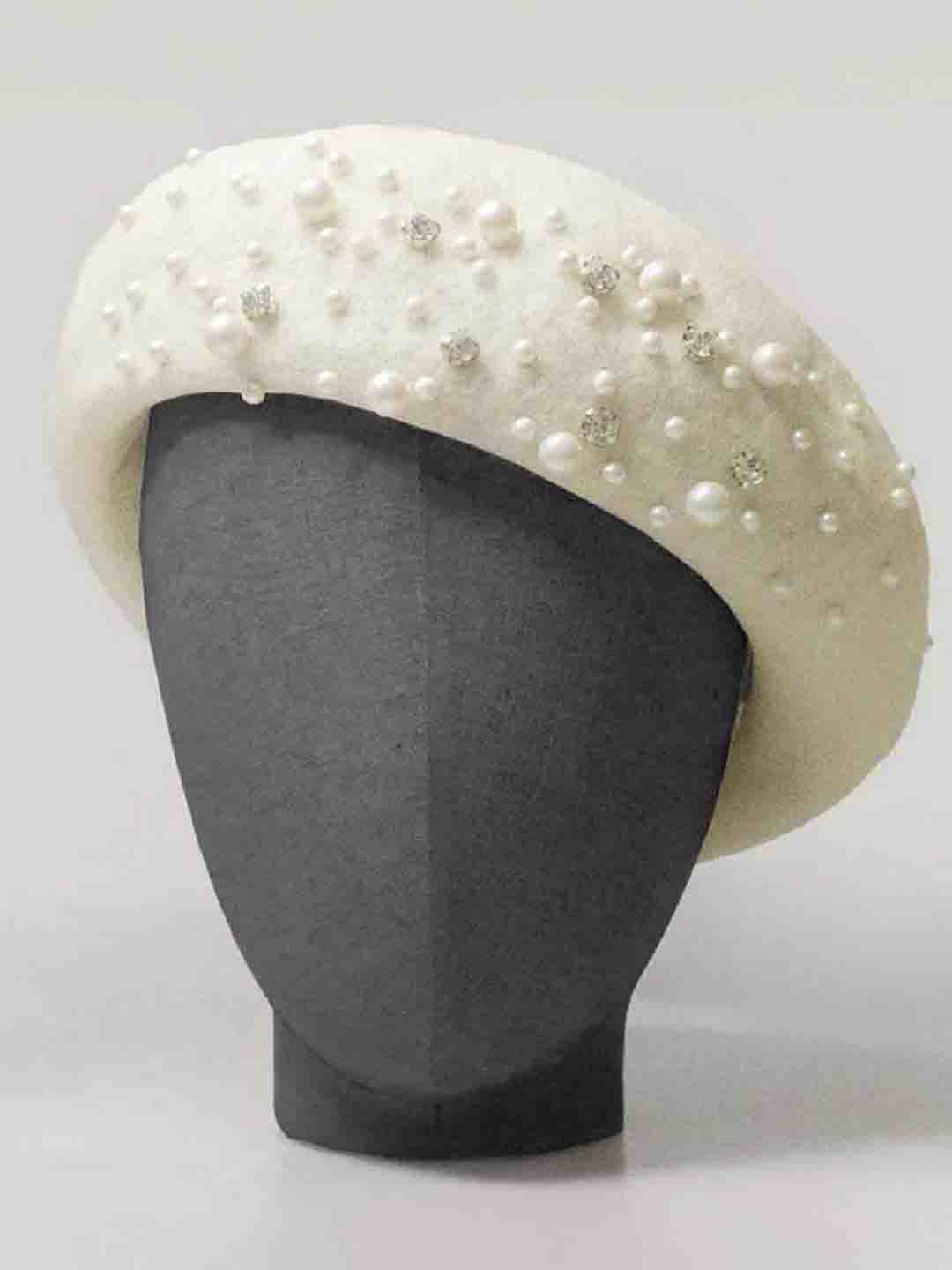 White Beret with Pearls & Crystals