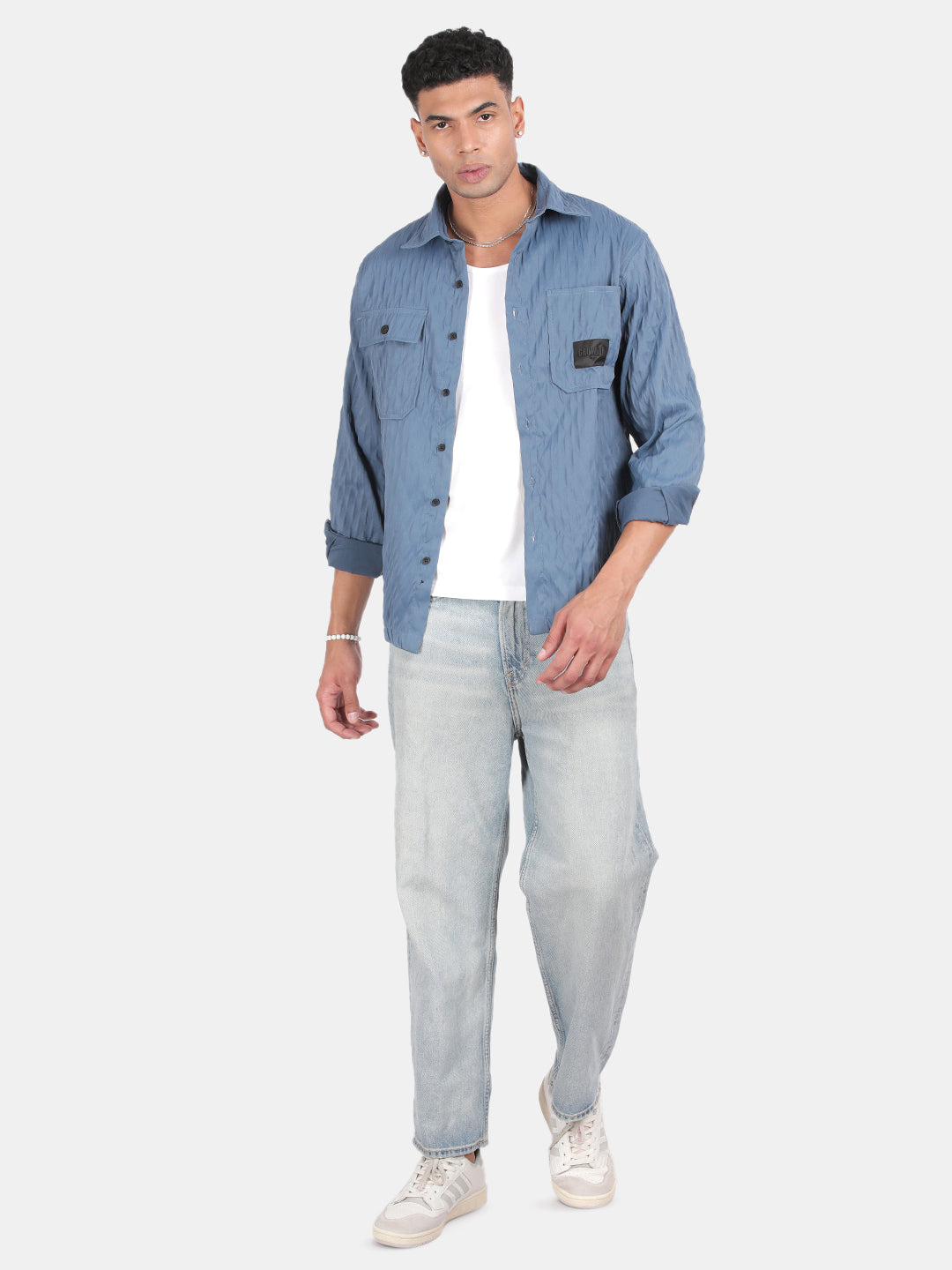 Men Blue Slim Fit Spread Collar Full Sleeve Casual Shirt