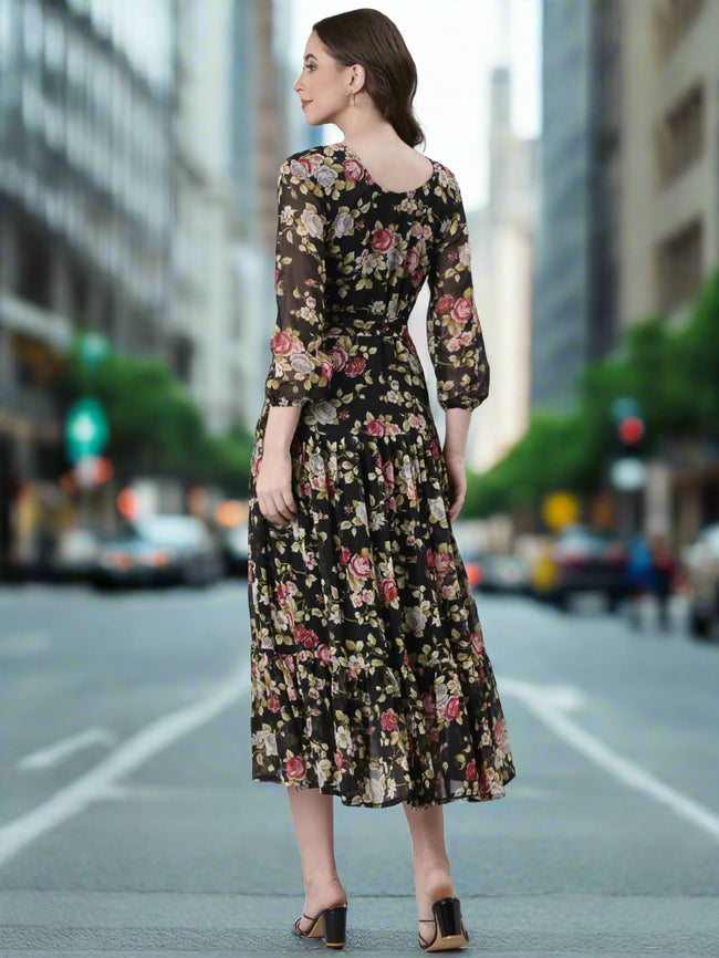 Women Black Floral Chiffon Dress