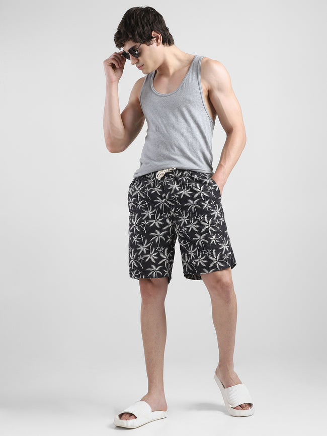 Men Black Palm Leaf Printed Shorts