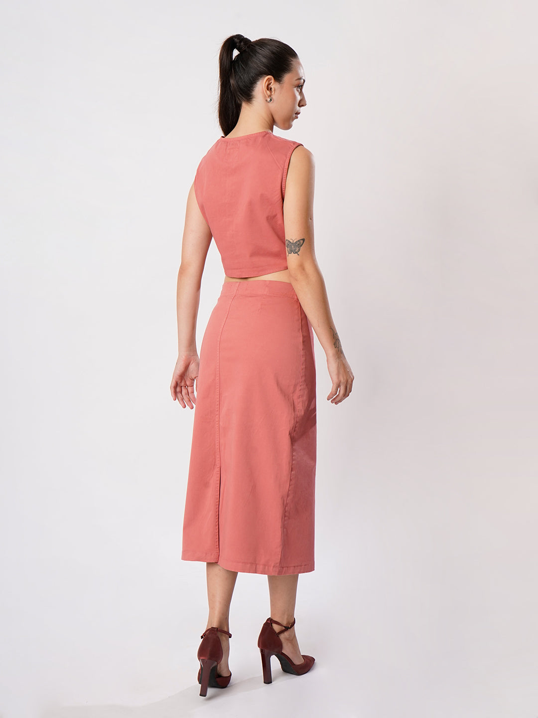 Women Pink Sleeve less top and Skirt Coord Set