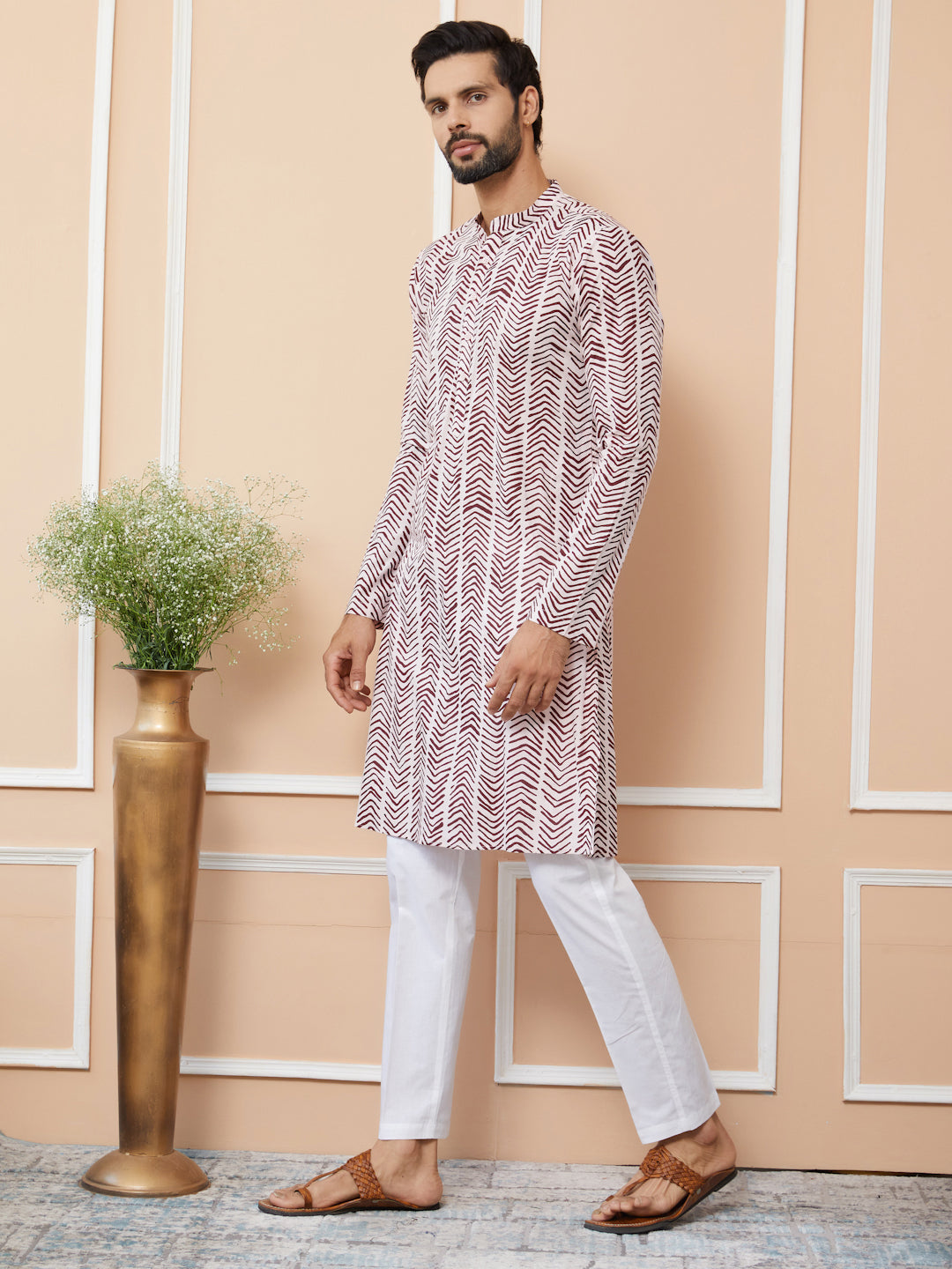 Men Baby Pink-Brown Printed Pure Cotton Straight Kurta
