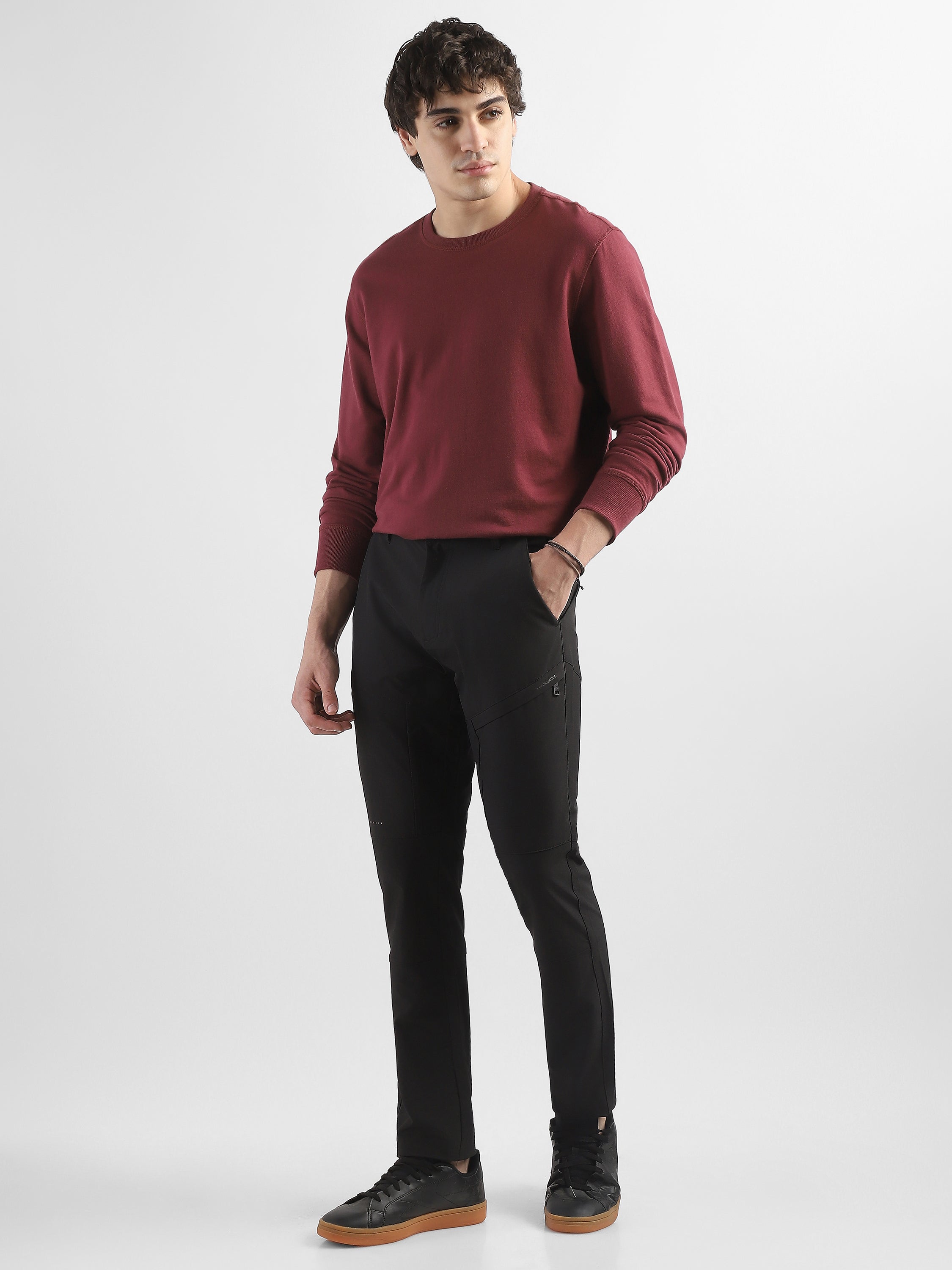 Men Black Polyester Blend Pants with 5 Pockets