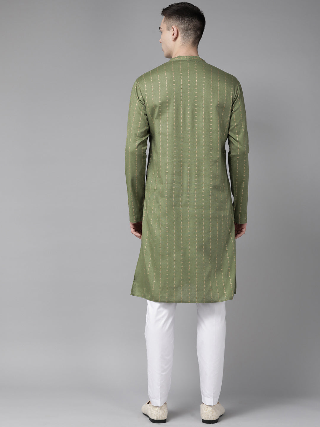 Men Green & Gold Stripe Printed Straight Kurta