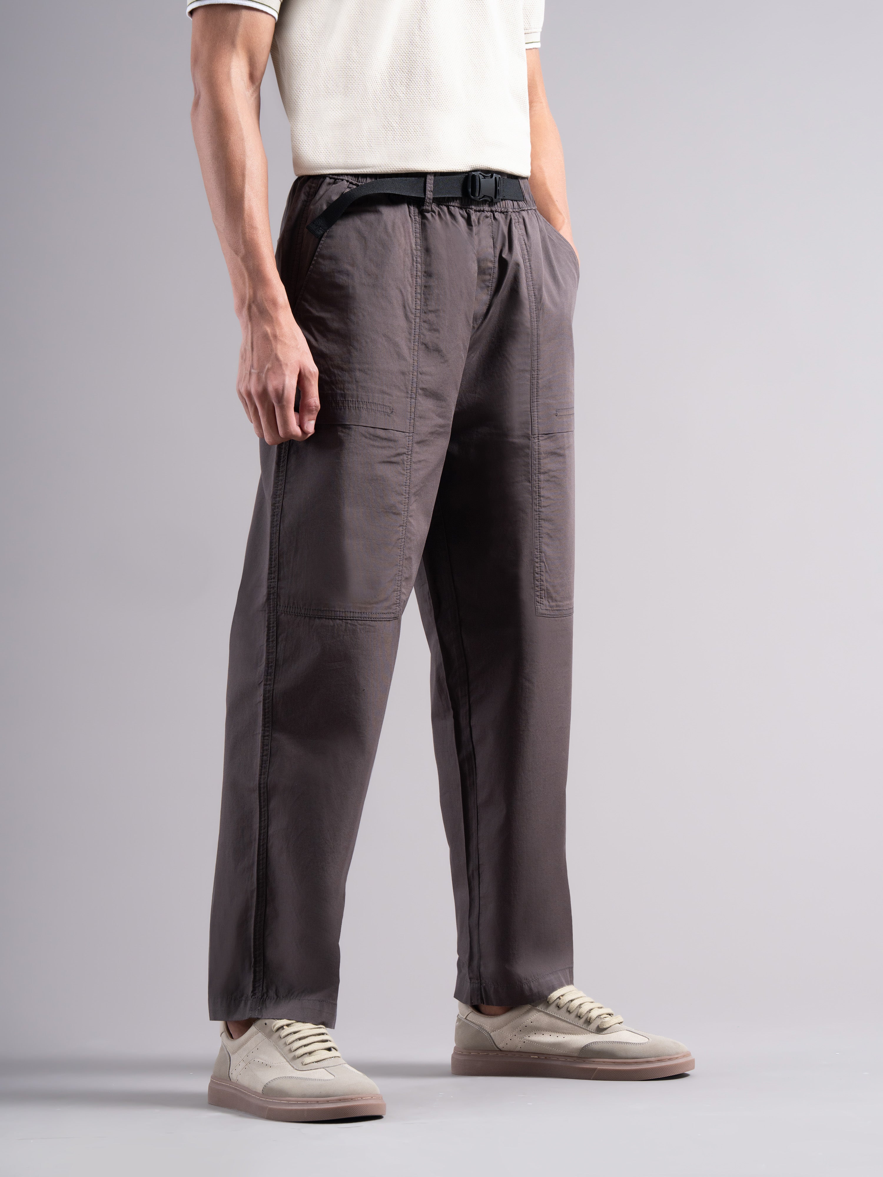 Men Grey Buckle Waist Trousers