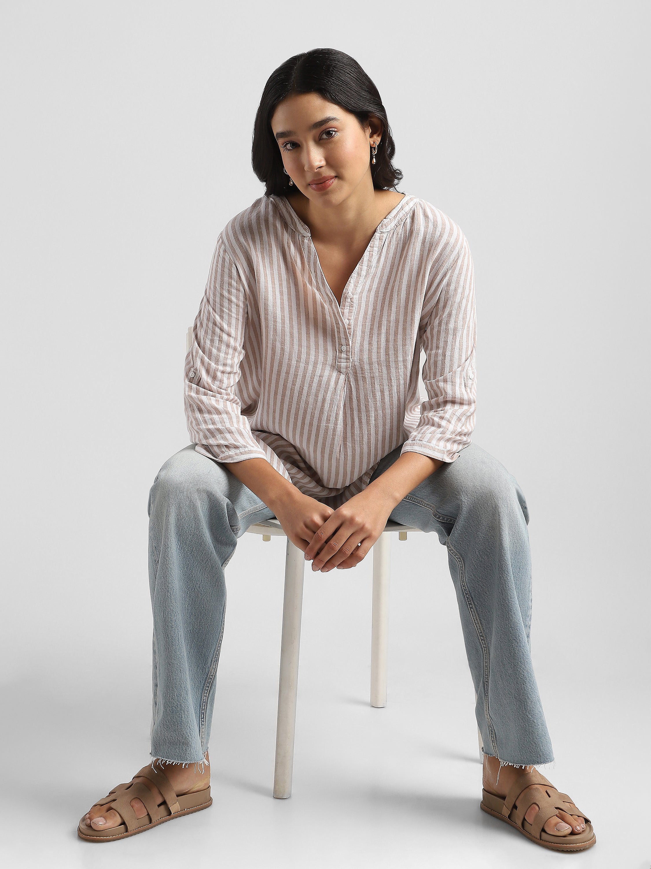 Women  Striped High-Low Hem Cotton Blend Top