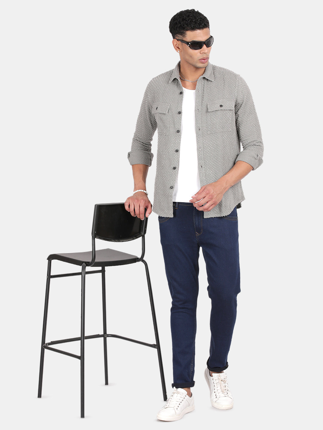 Men Grey Slim Fit Spread Collar Full Sleeve Casual Shirt