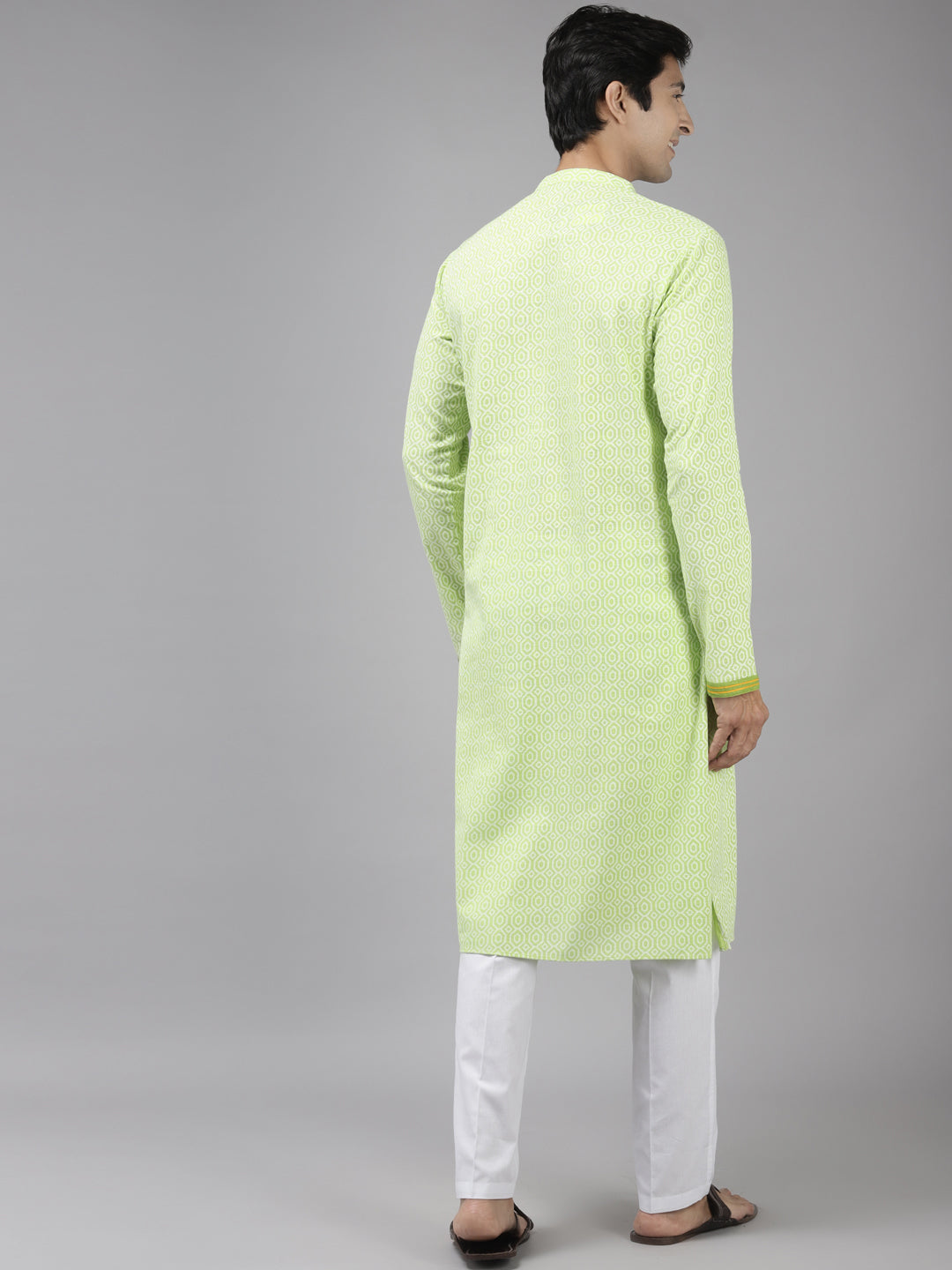 Men Lime Green & White Cotton Kurta