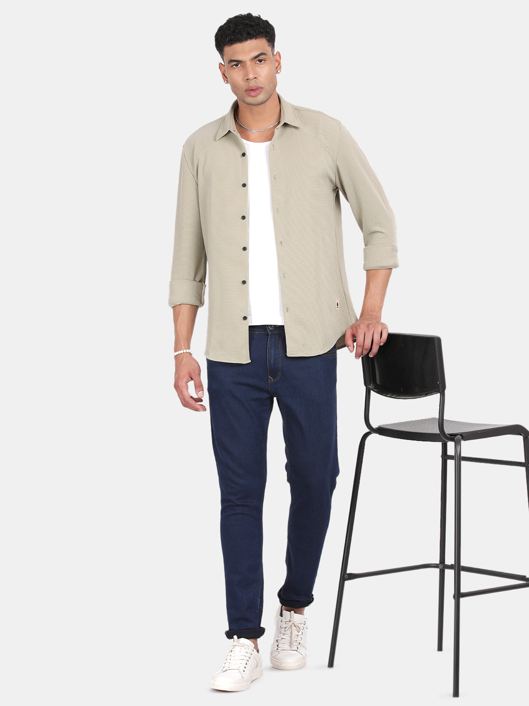 Men Light Cream Slim Fit Spread Collar Full Sleeve Casual Shirt