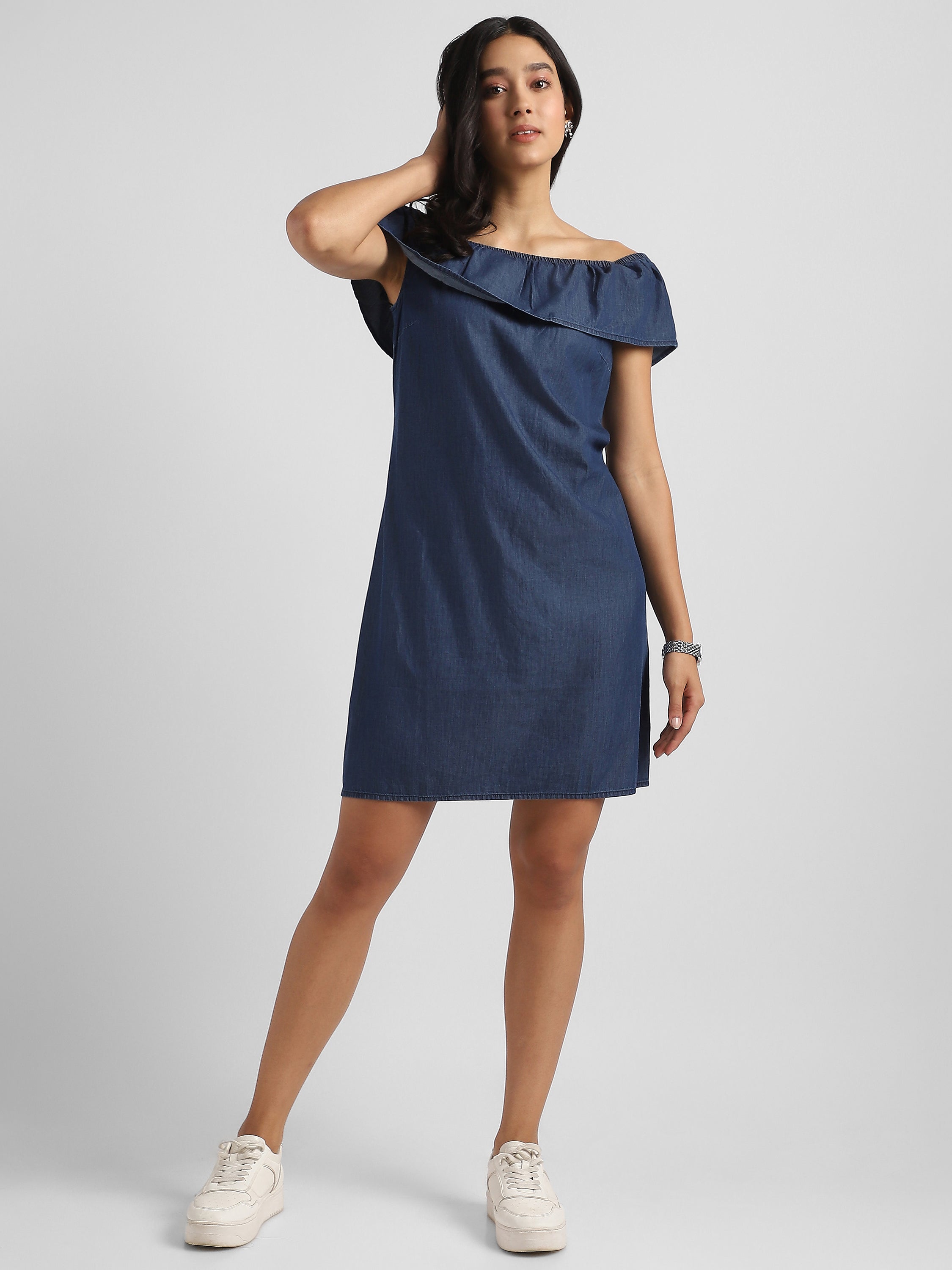 Women Blue Denim Off shoulder Dress