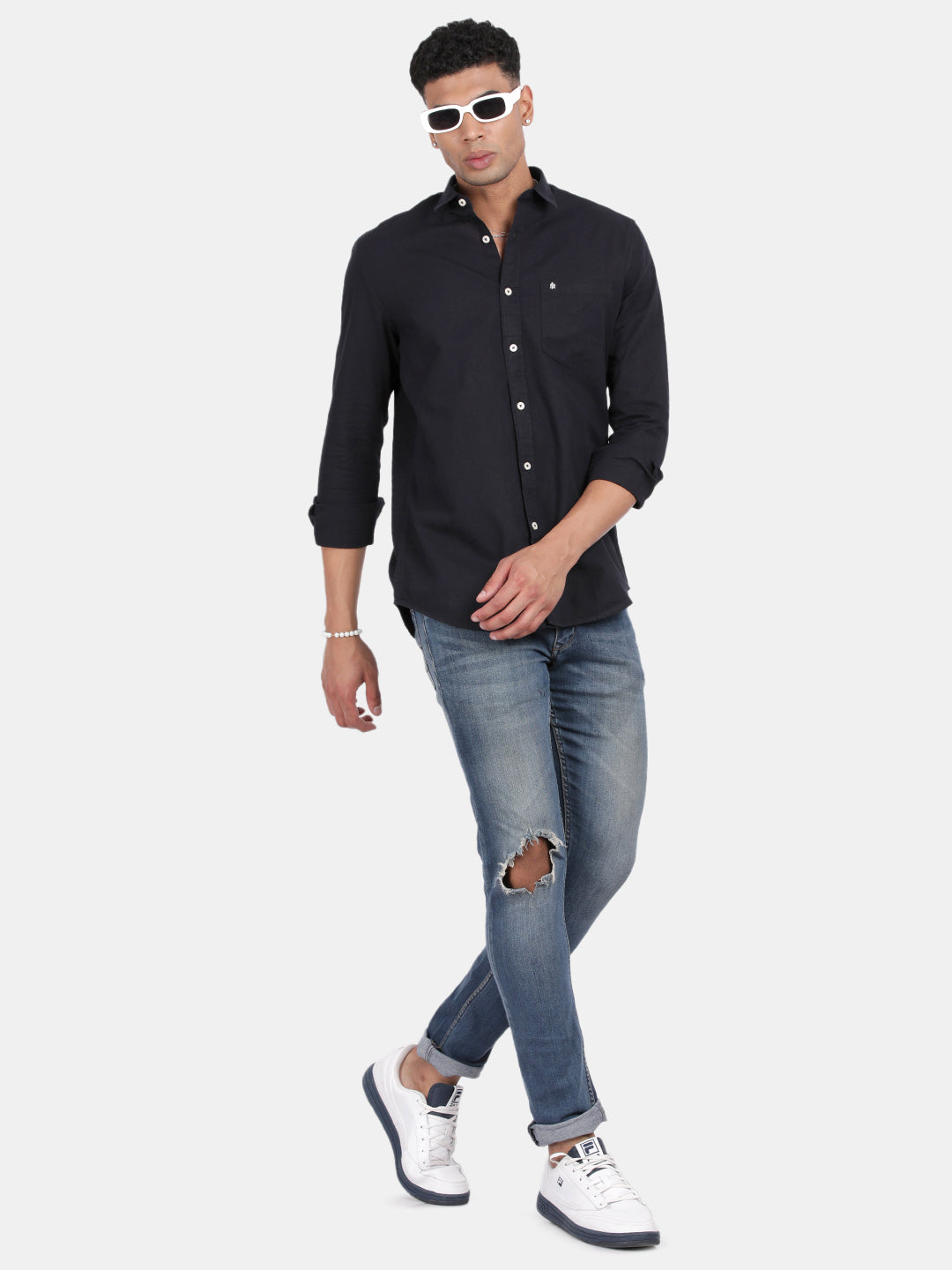 Men Navy Slim Fit Spread Collar Full Sleeve Casual Shirt