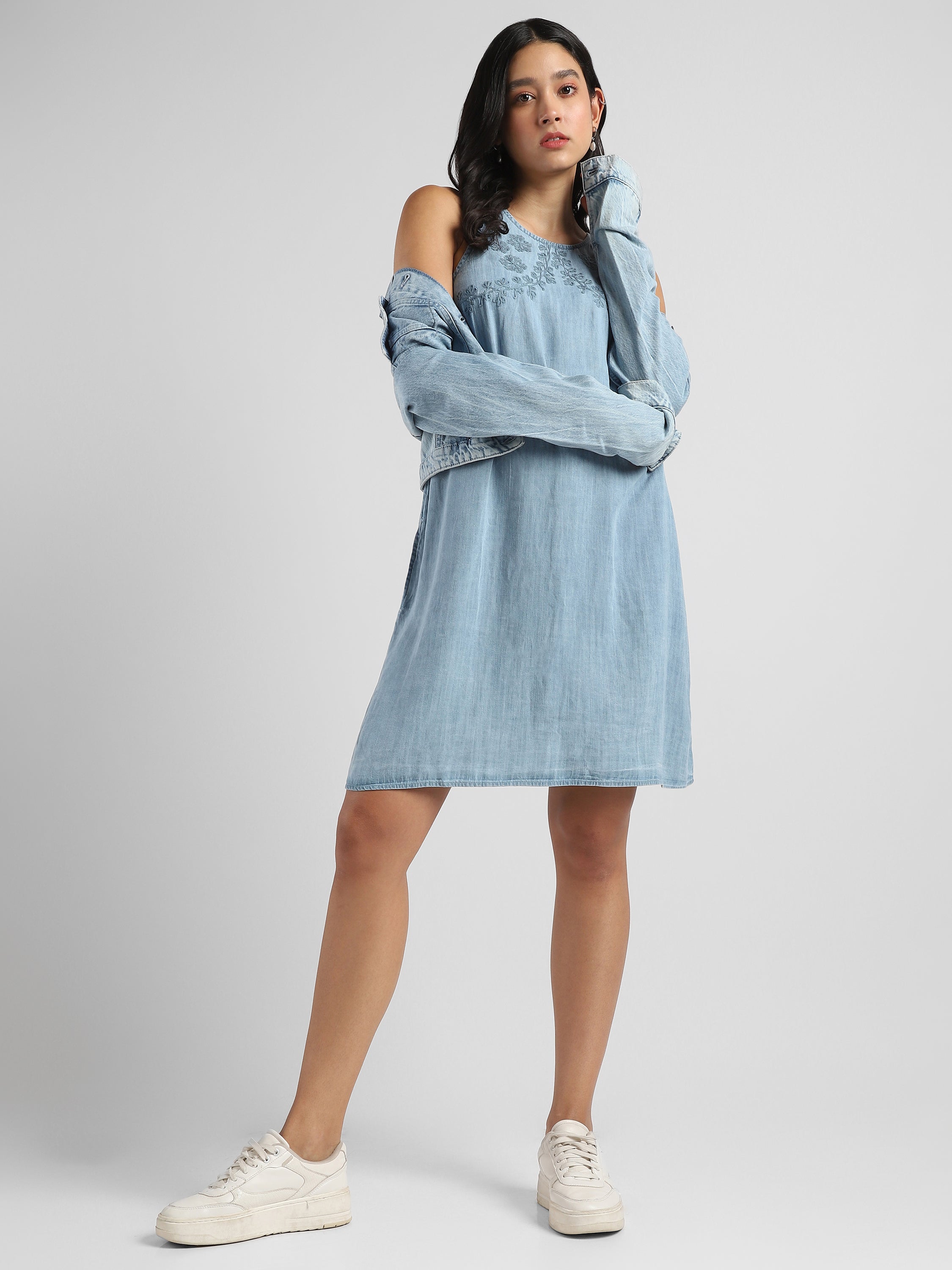 Women Denim Embroidered Midi Dress
