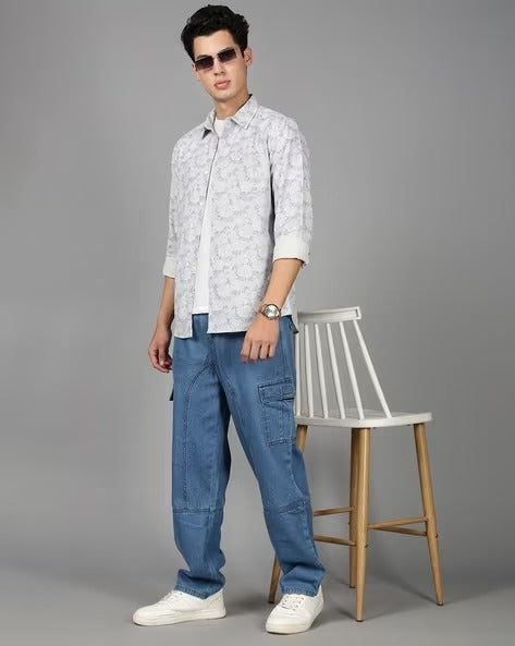 Men Blue Floral Print Shirt
