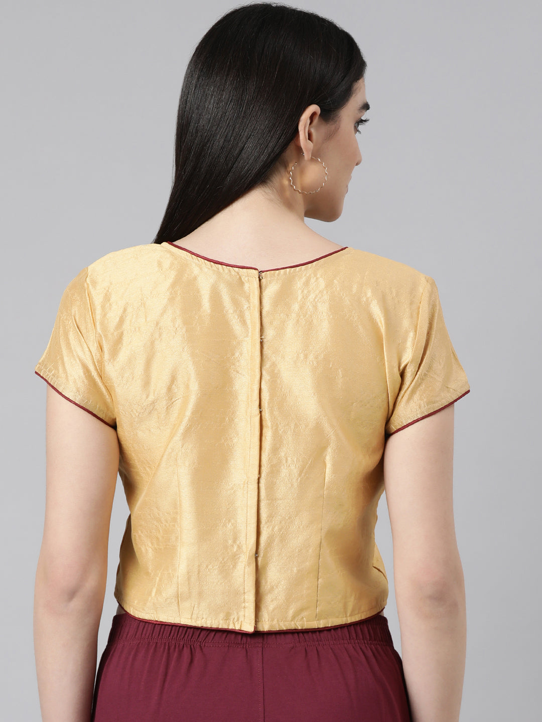 Beige Solid Short Sleeves Mandarin Collar Dupion Silk Knot Blouse