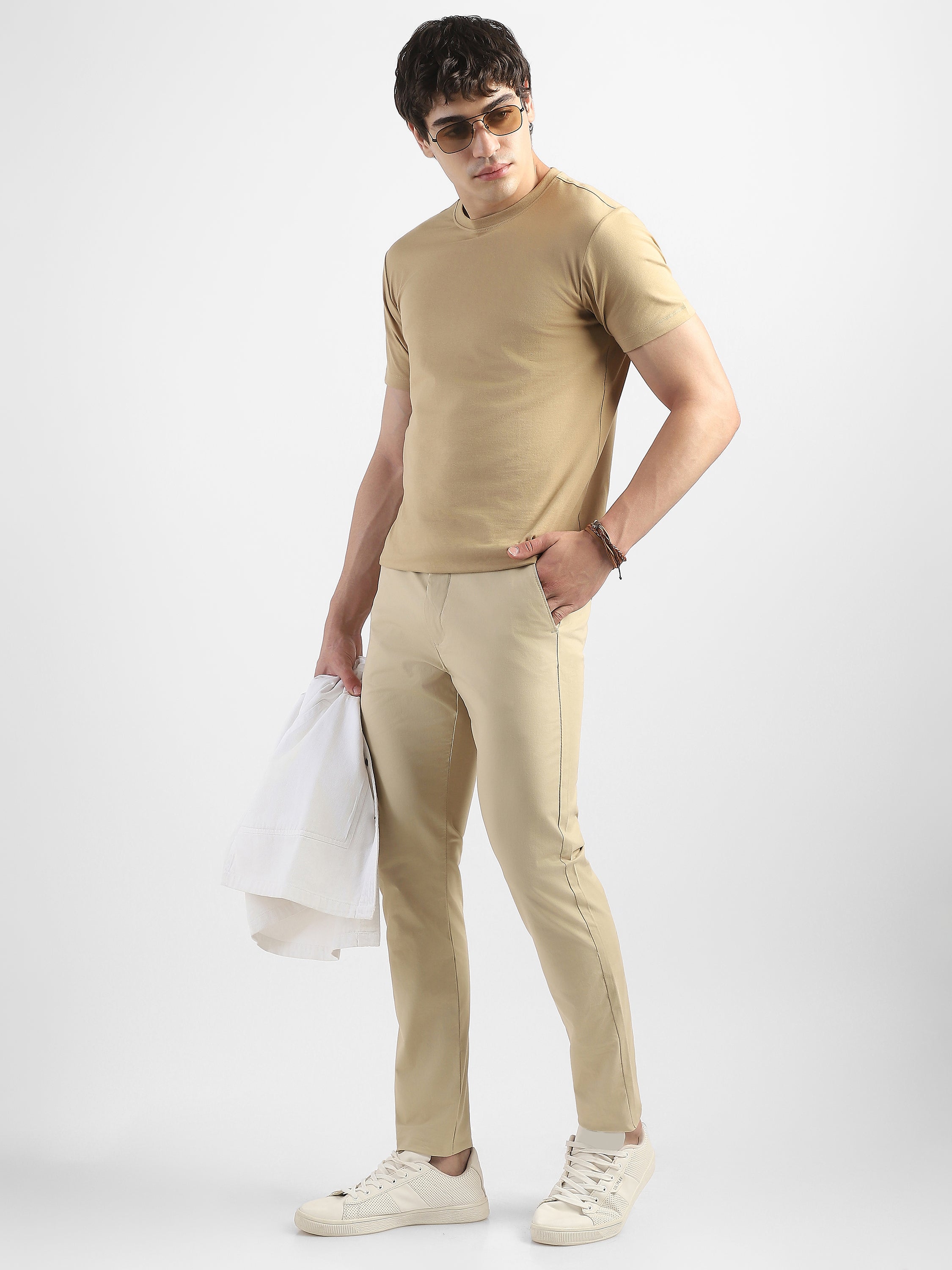 Men Beige Slim Fit Mid Rise Formal Trouser